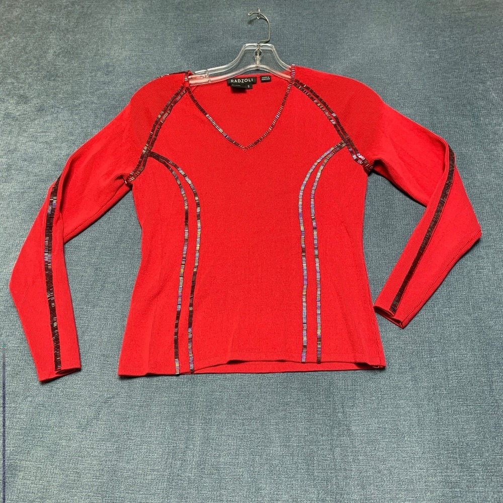 Radzoli Sweater Womens Small Red Rayon Stretch Bead Trimmed Ribbed Knit Winter